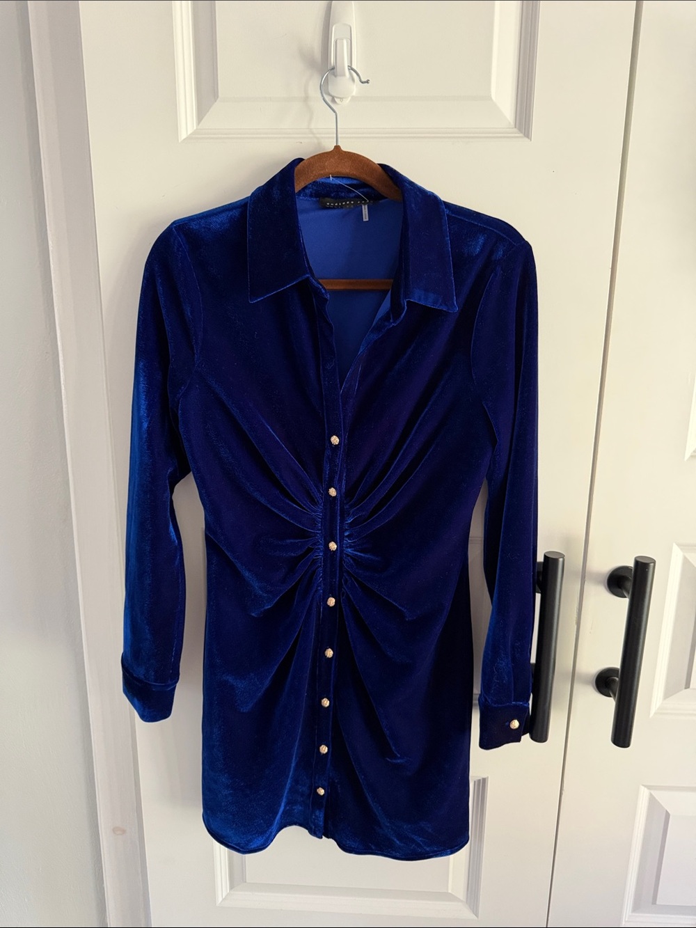 Endless Rose Velvet Button-Front Ruched Shirt mini Dress - Blue